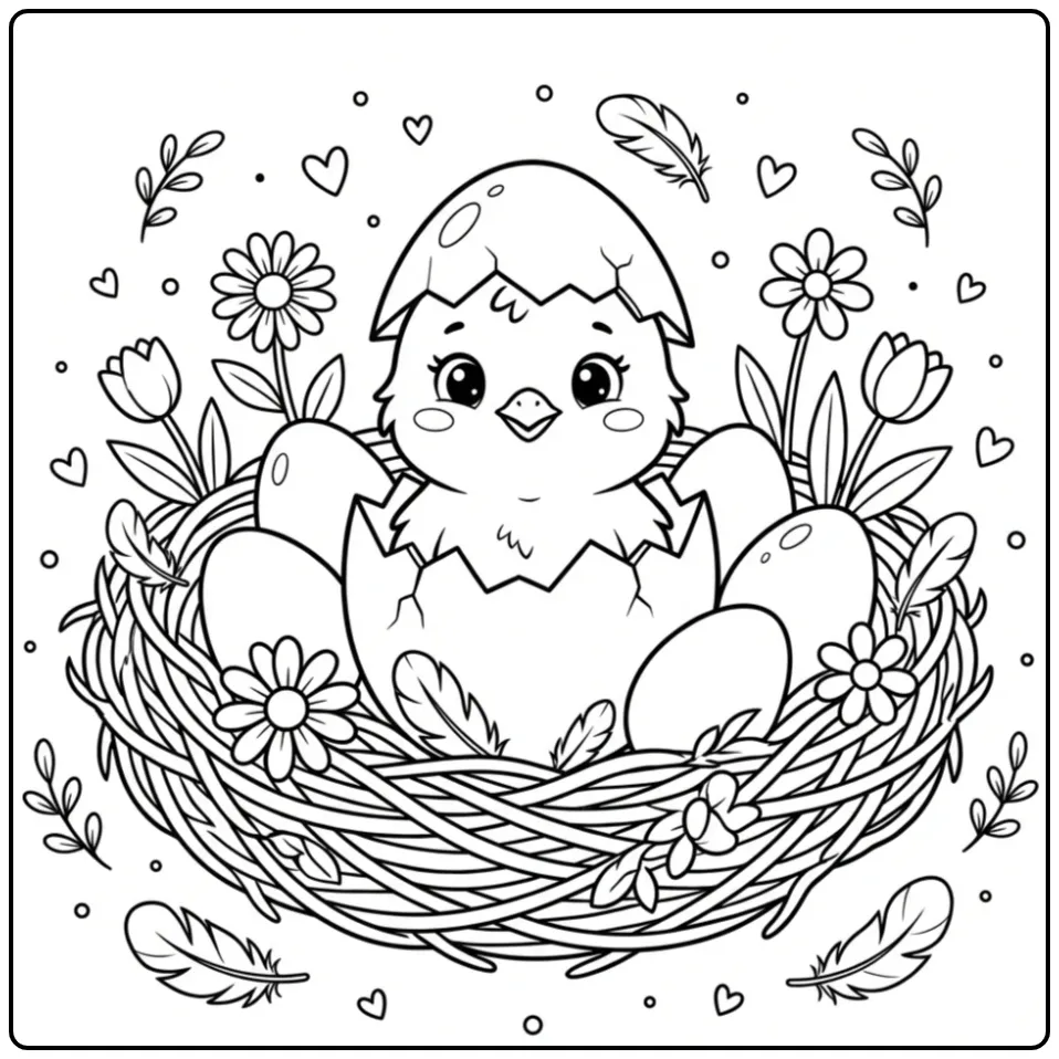 Schattige kuiken kleurplaat van een babyvogel in een eierschaal