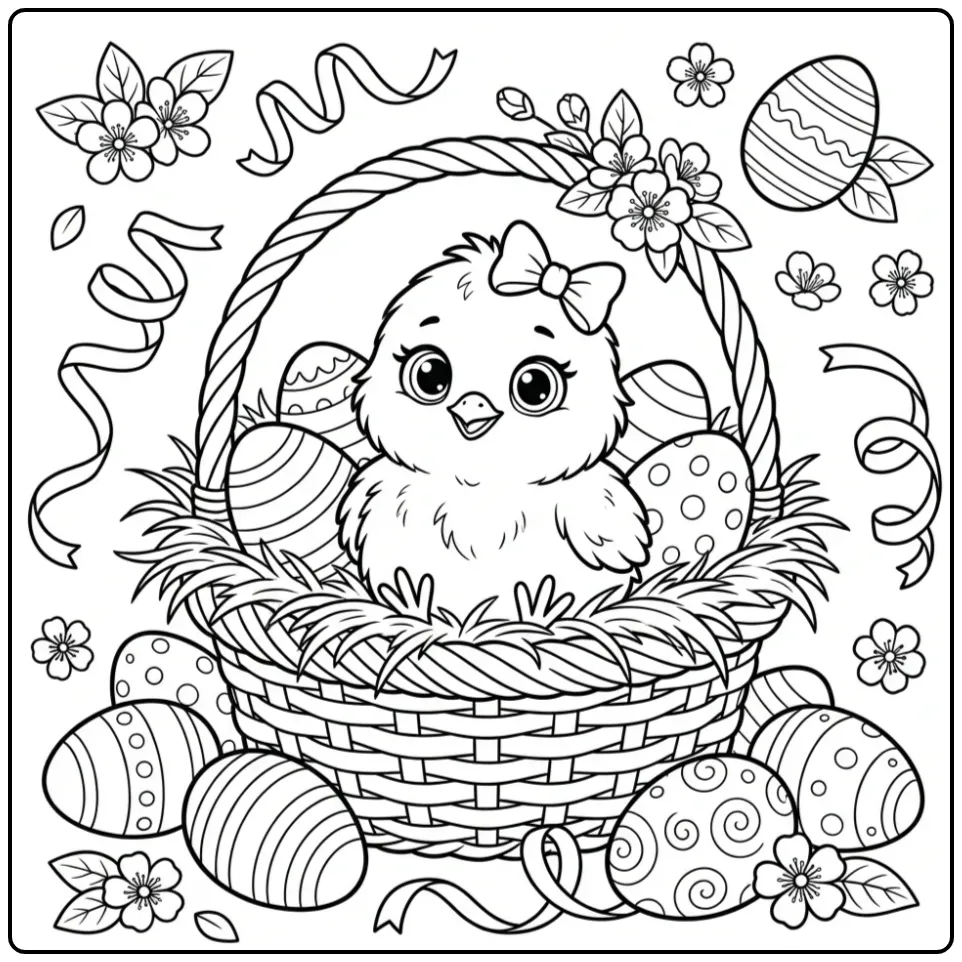 Schattige kuiken kleurplaat in een mand met eieren en bloemen.
