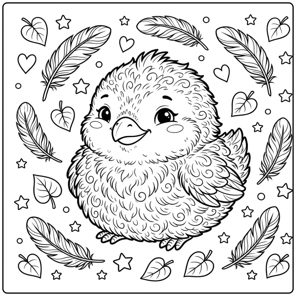 Schattige kuiken kleurplaat met hartjes en sterren.