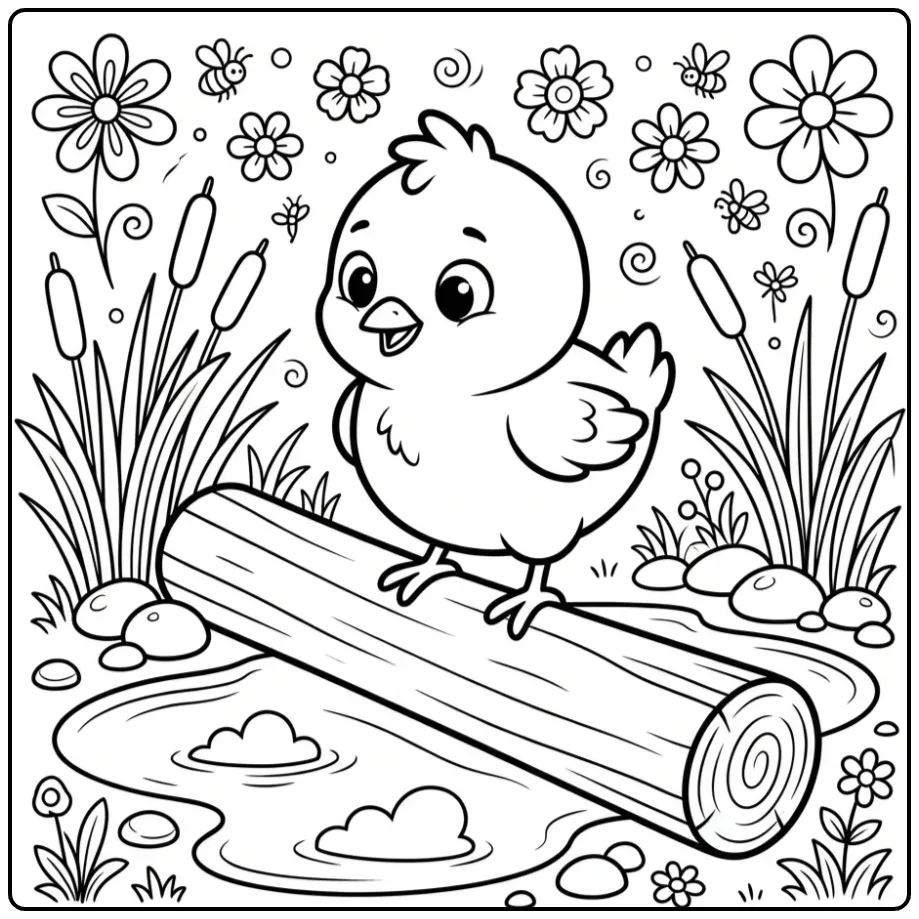 Schattige kuiken kleurplaat balancerend op een houten stam.
