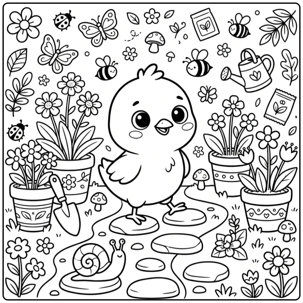 Schattige kuiken kleurplaat in de tuin met een kleine slak.