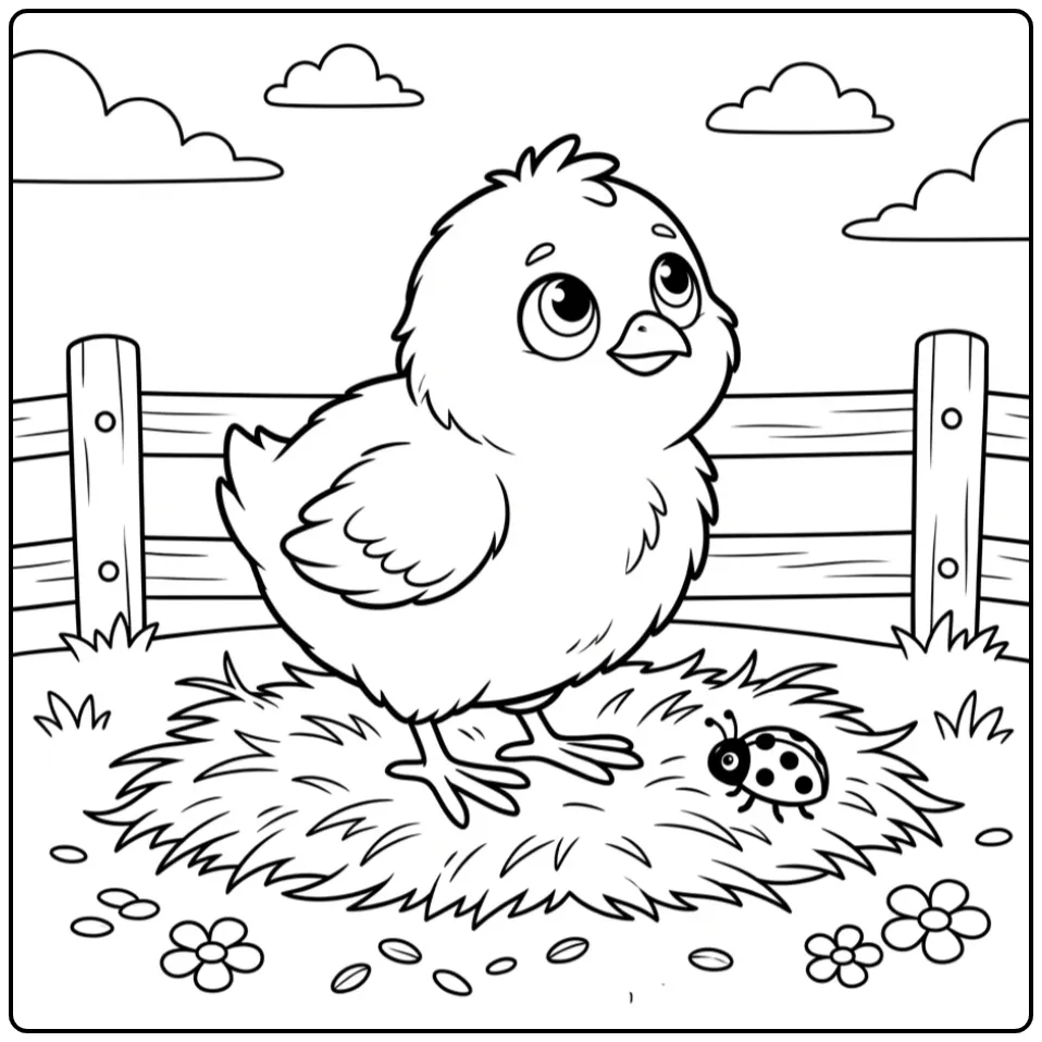 Schattige kuiken kleurplaat met een klein lieveheersbeestje.