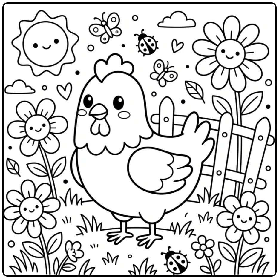 Lieve kip als kuiken kleurplaat peuters in de wei.