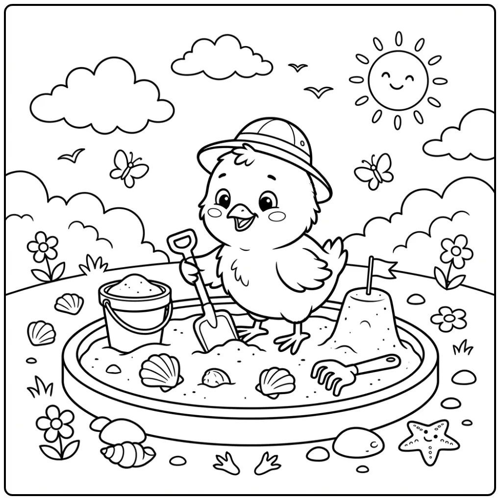 Een schattige kuiken kleurplaat in de zandbak met emmer.