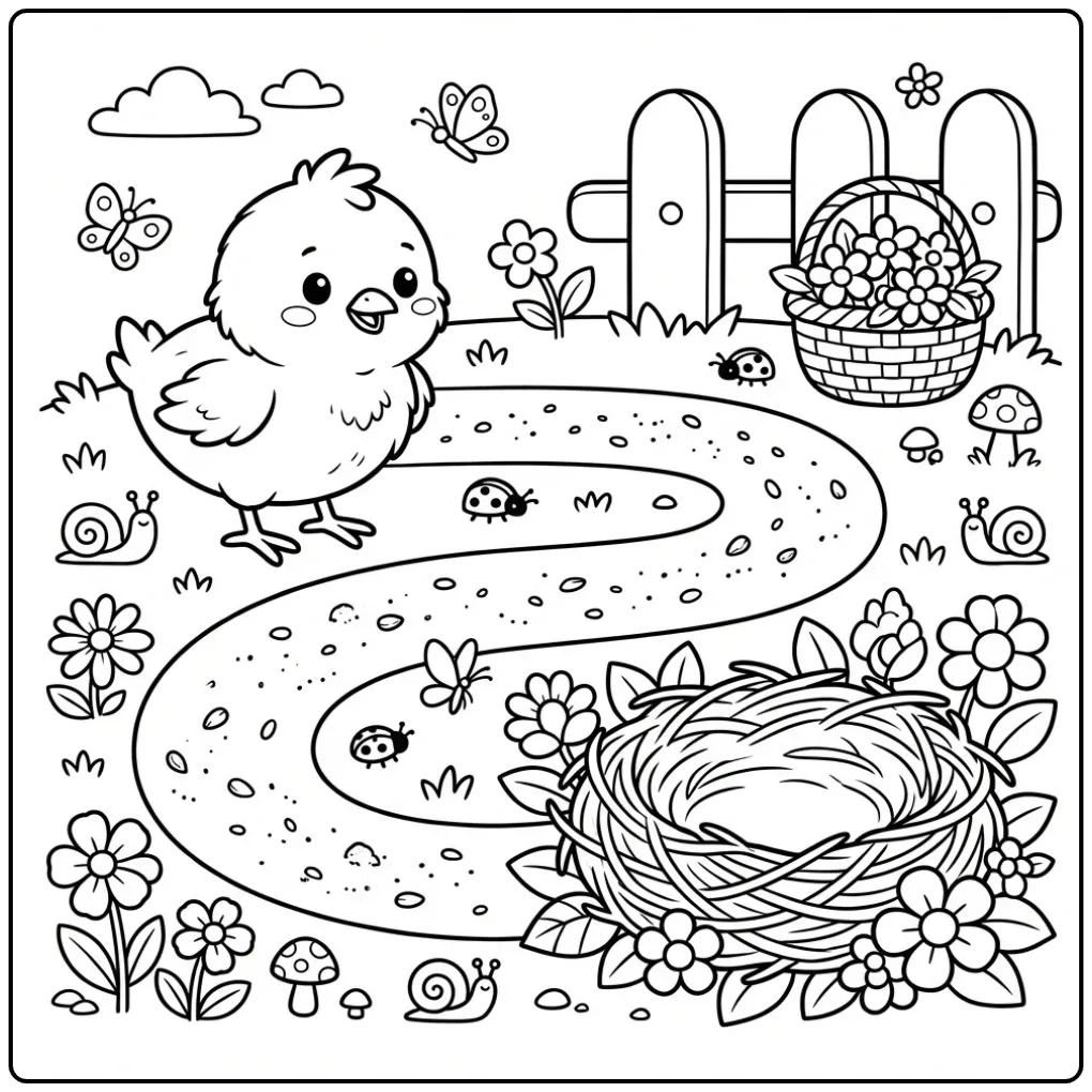 Een schattige kuiken kleurplaat met een kruimelpad naar een nest.