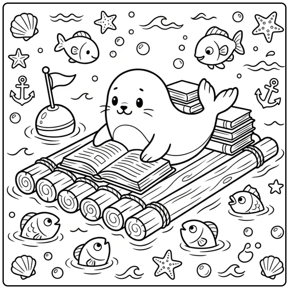 Lezende zeehond kleurplaat op een vlot met boeken.