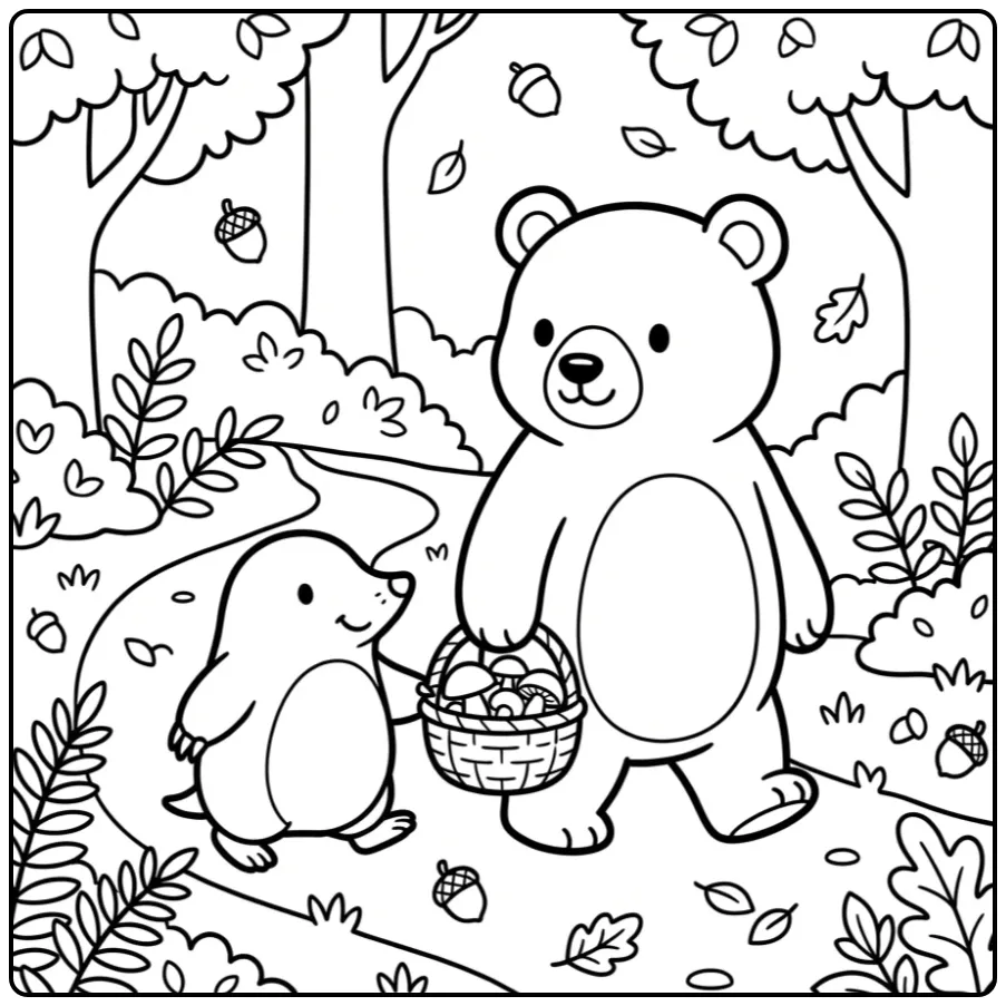 Schattige mol en beer kleurplaat met mandje paddenstoelen.