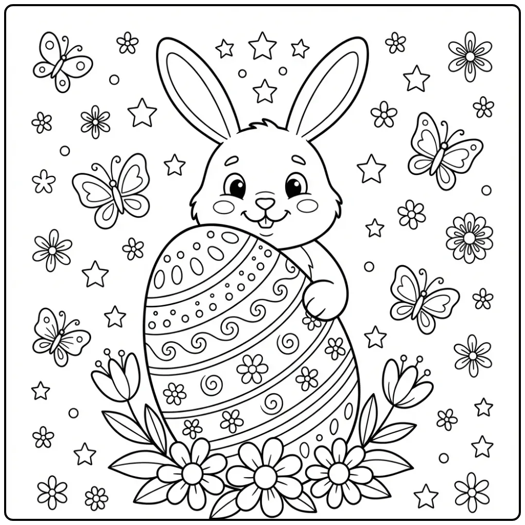 Schattige paashaas hoofd kleurplaat achter een groot ei.