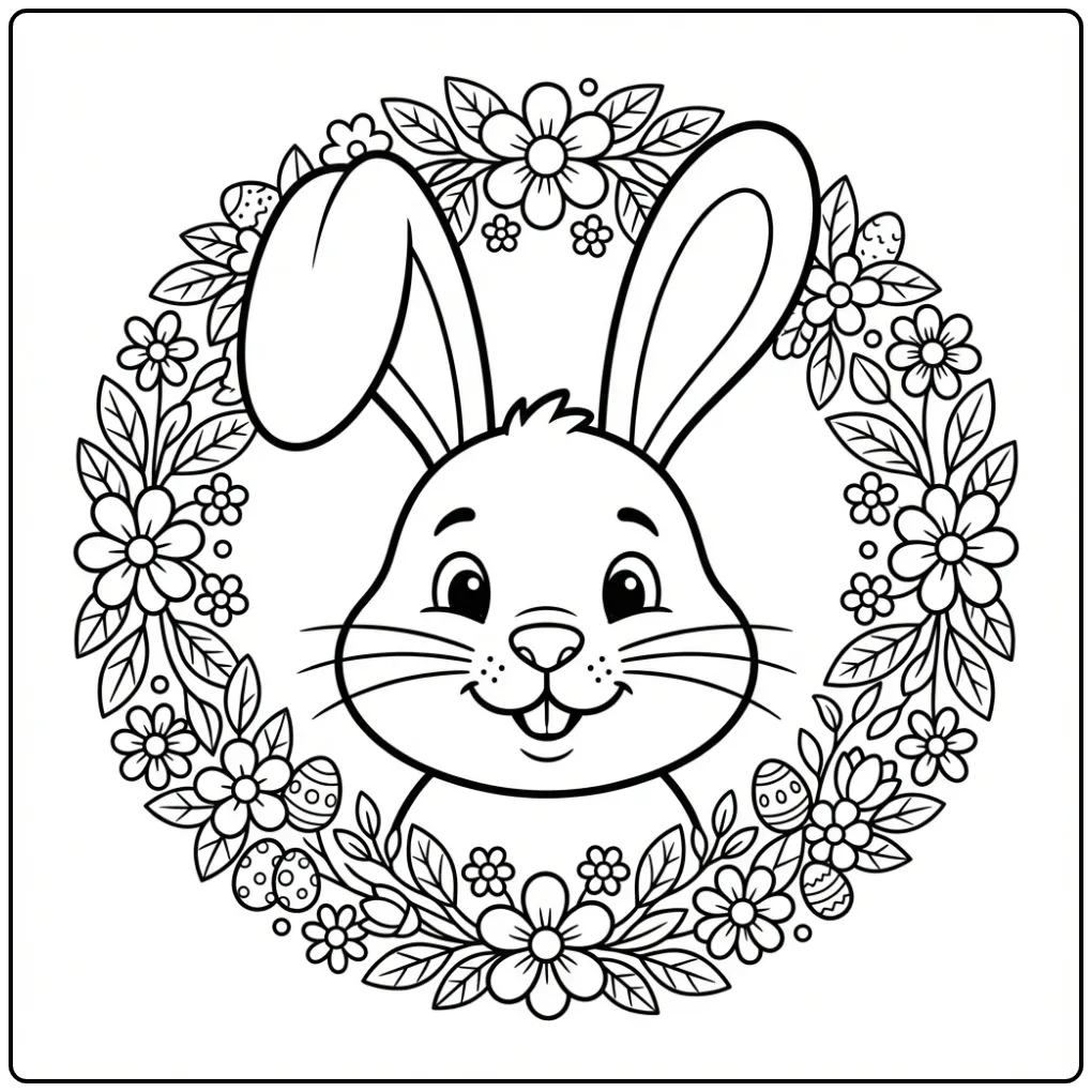 Download deze leuke paashaas hoofd kleurplaat met eieren.