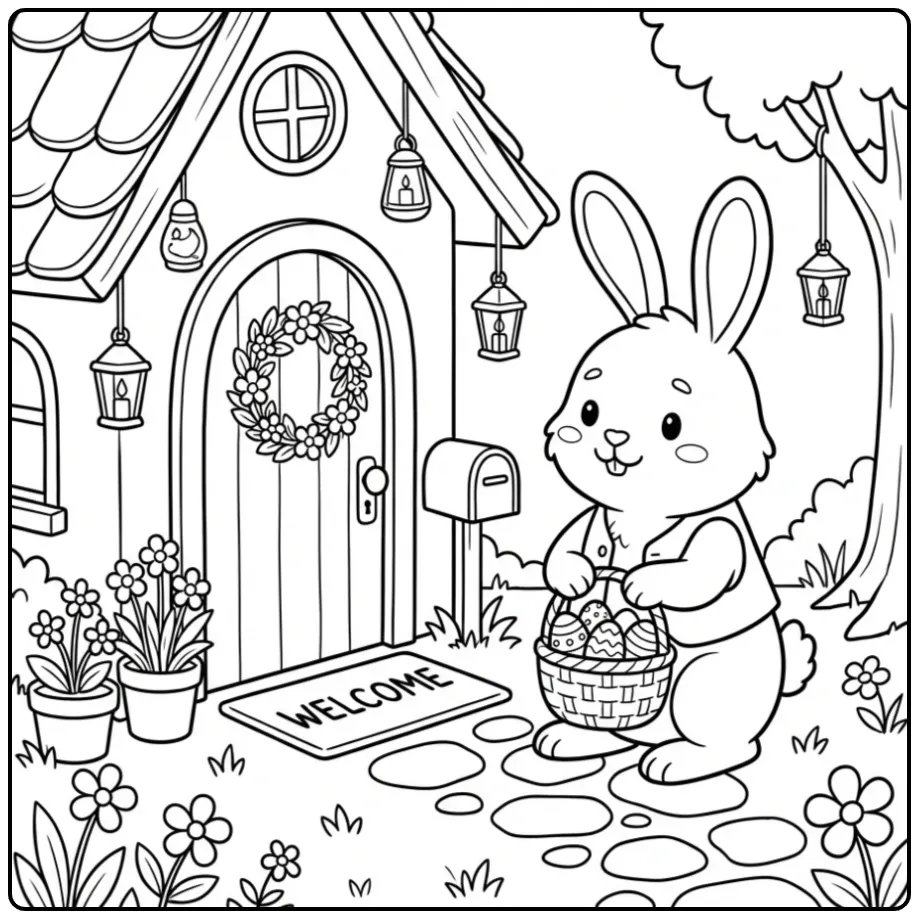 Leuke paashaas kleurplaat met mandje eieren bij de voordeur.