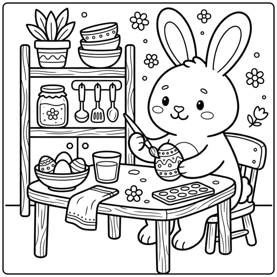 Een gedetailleerde paashaas kleurplaat aan de keukentafel.