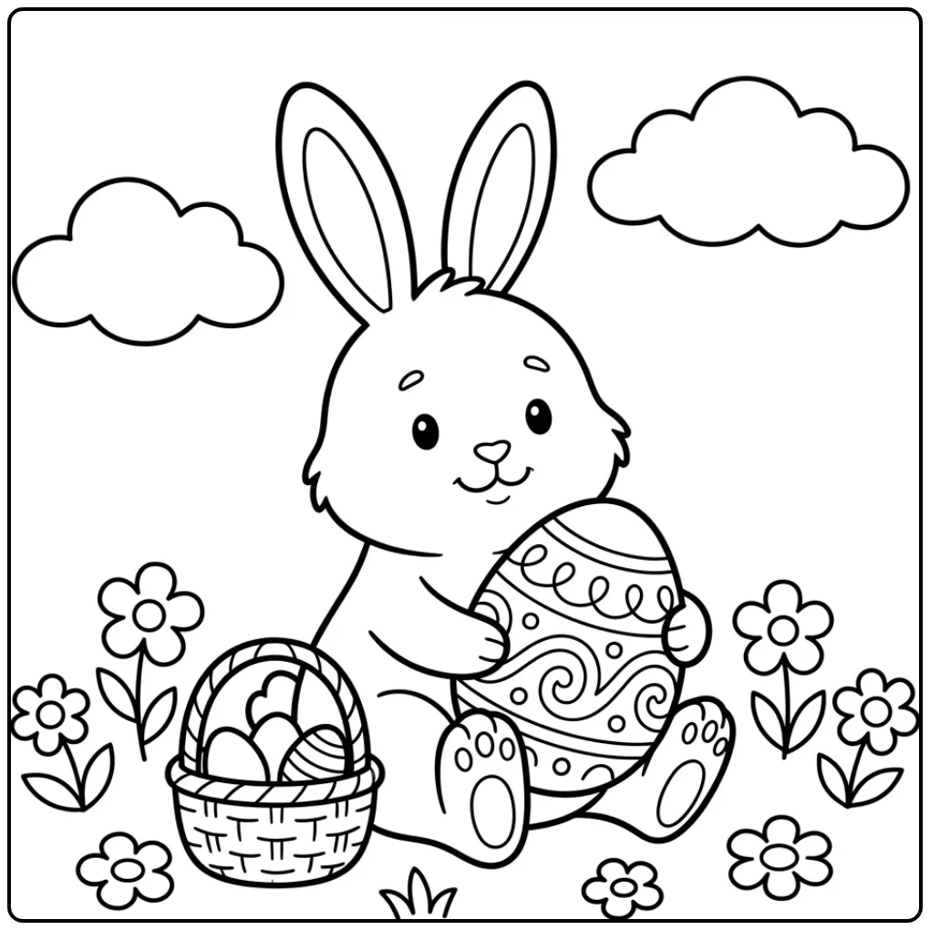 Schattige paashaas kleurplaat simpel met groot ei en mandje.