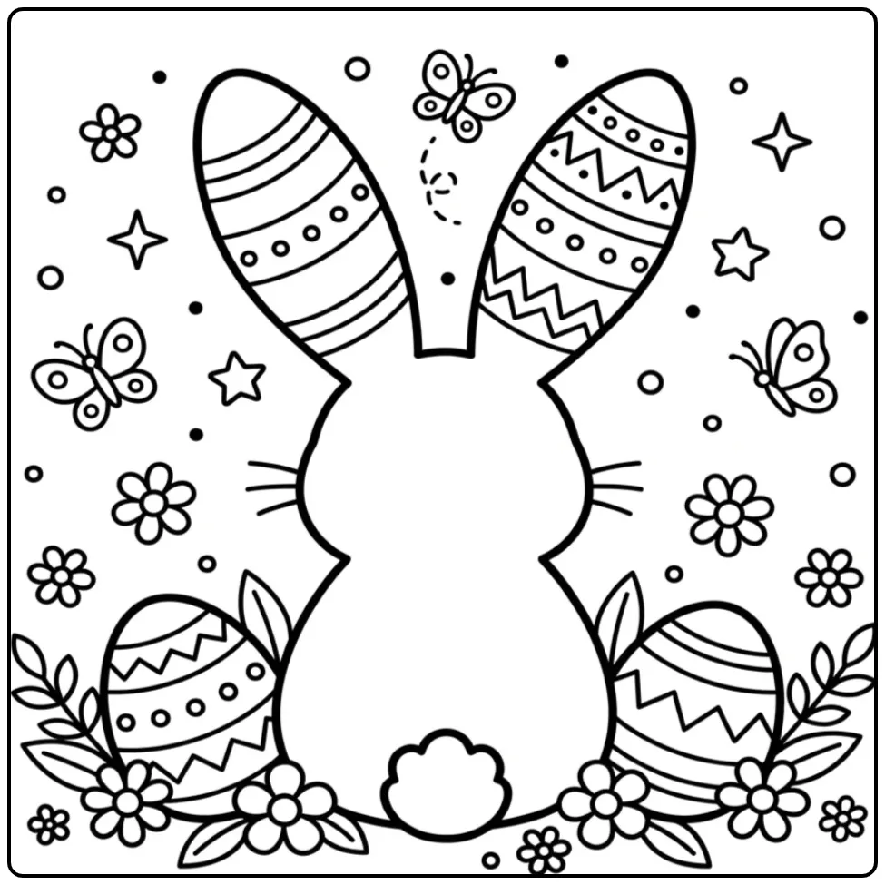 Leuke paashaas oren kleurplaat met eieren en bloemetjes.