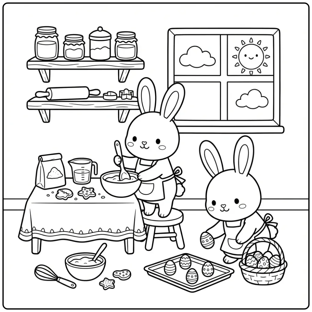 Leuke paashaasjes kleurplaat van bakkende konijntjes.