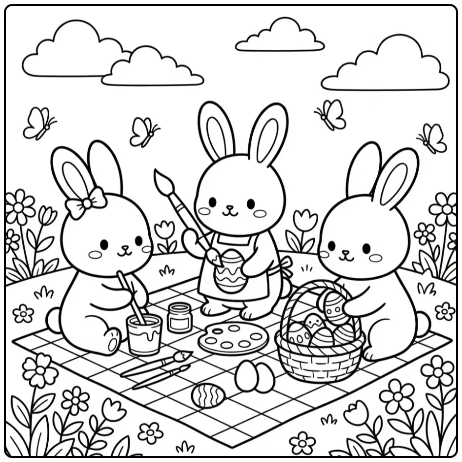 Schattige paashaasjes kleurplaat aan het verven in de wei.