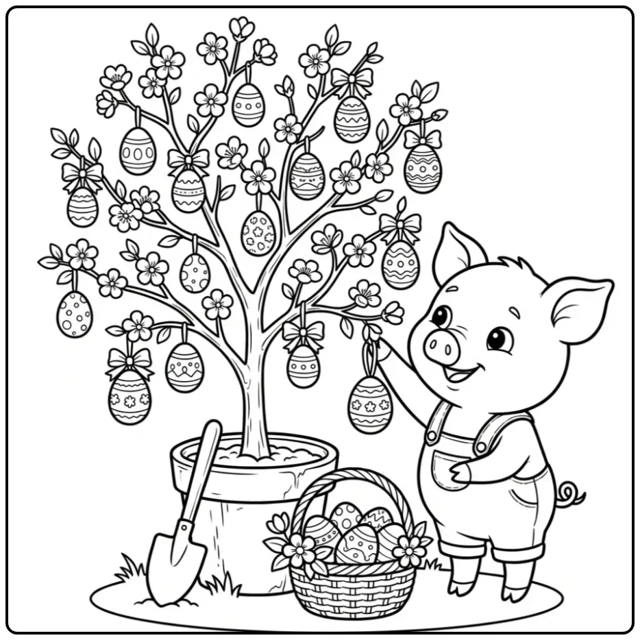 Leuke Paaskleurplaat van een varken dat eieren versiert