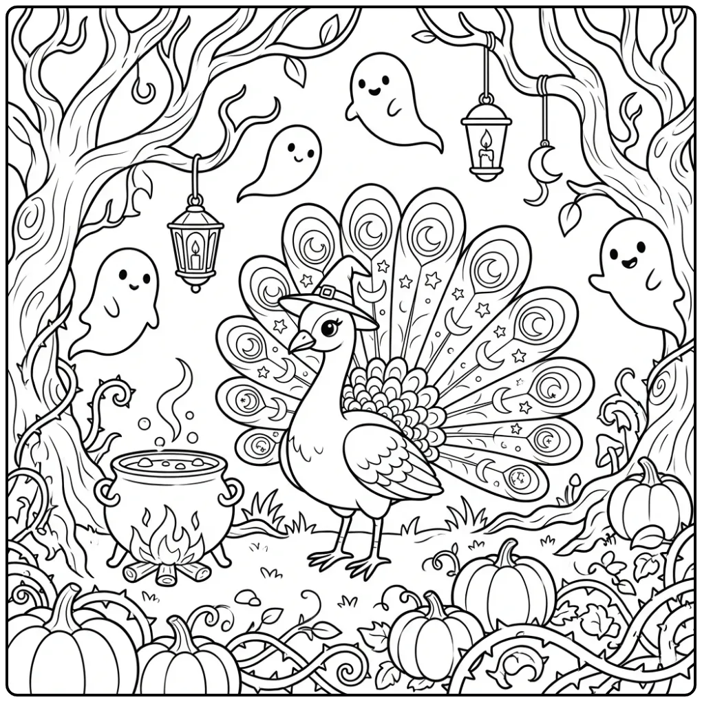 Schattige Pauw Halloween kleurplaat met heksenhoed.