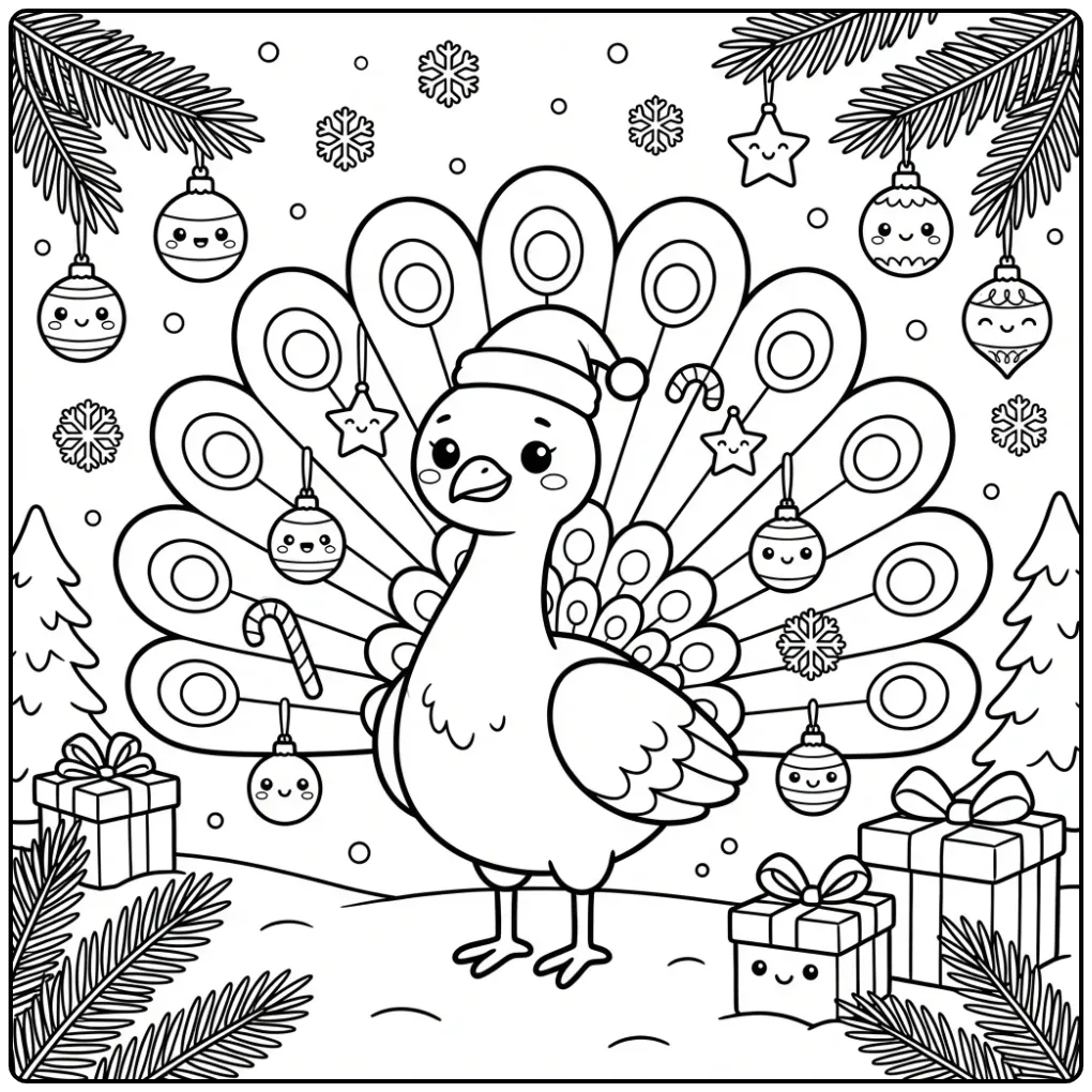 Feestelijke kleurplaat van een Pauw Kerstmis in de sneeuw.