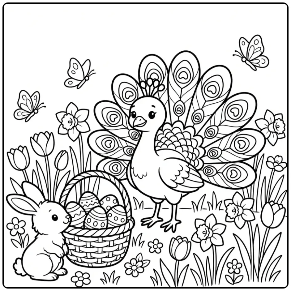 Kleurplaat van een Pauw Pasen met eieren en tulpen.