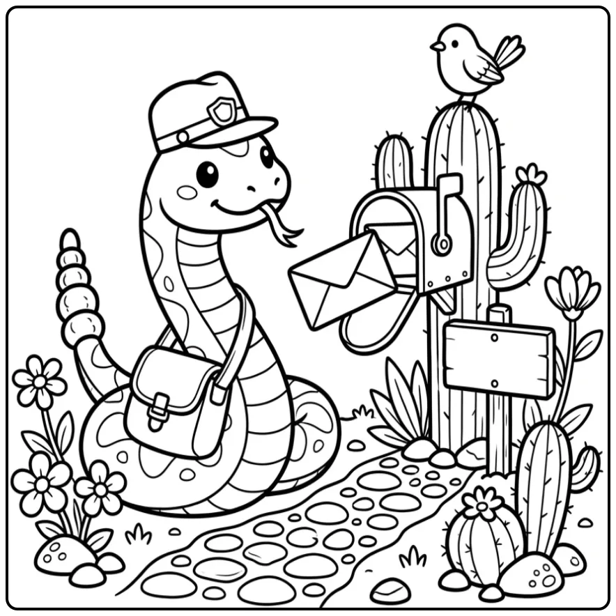 Een leuke kleurplaat ratelslang als postbode met een brief.
