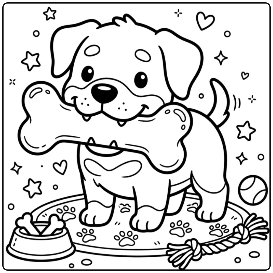 Schattige puppy rottweiler kleurplaat met een groot speelbot.