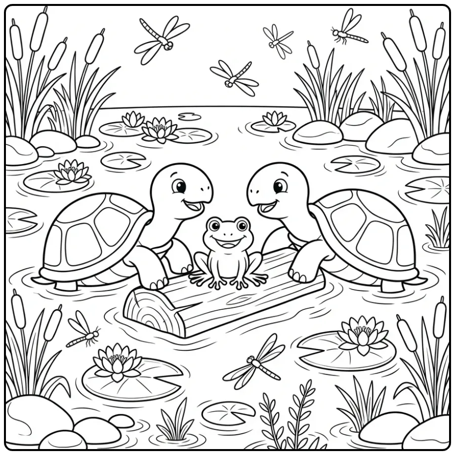 Schildpadden kleurplaat van twee vrienden bij een boomstam.