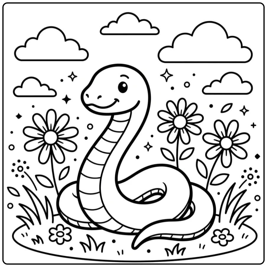 Leuke slang kleurplaat makkelijk met bloemen en gras.