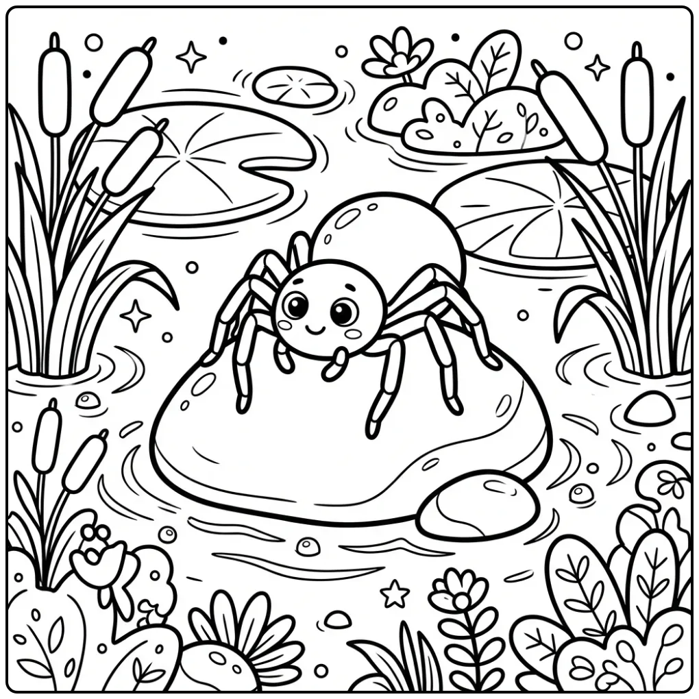 Leuke spin kleurplaat op een steen bij het water.