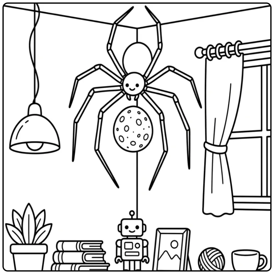 Schattige spin kleurplaat met eitjes in een kamerhoek.