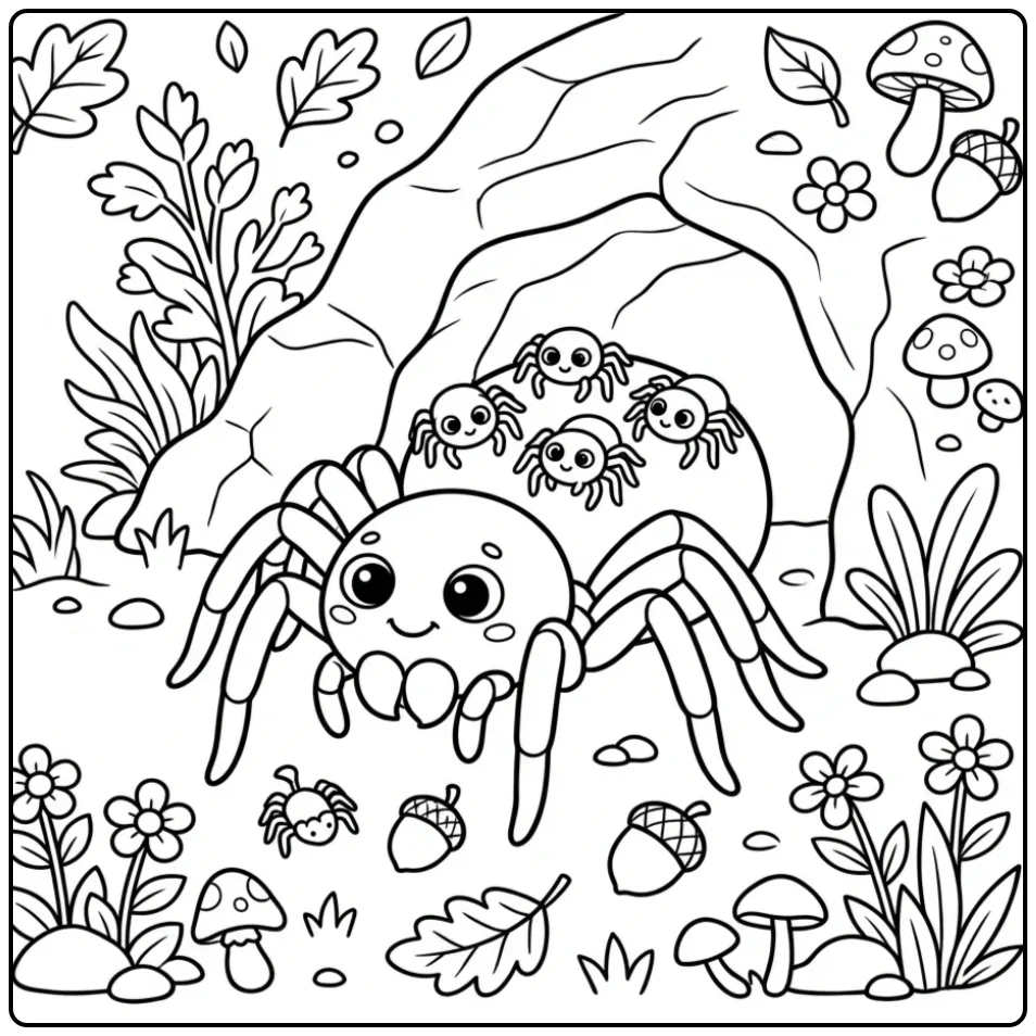 Schattige spin kleurplaat met baby's op de rug.