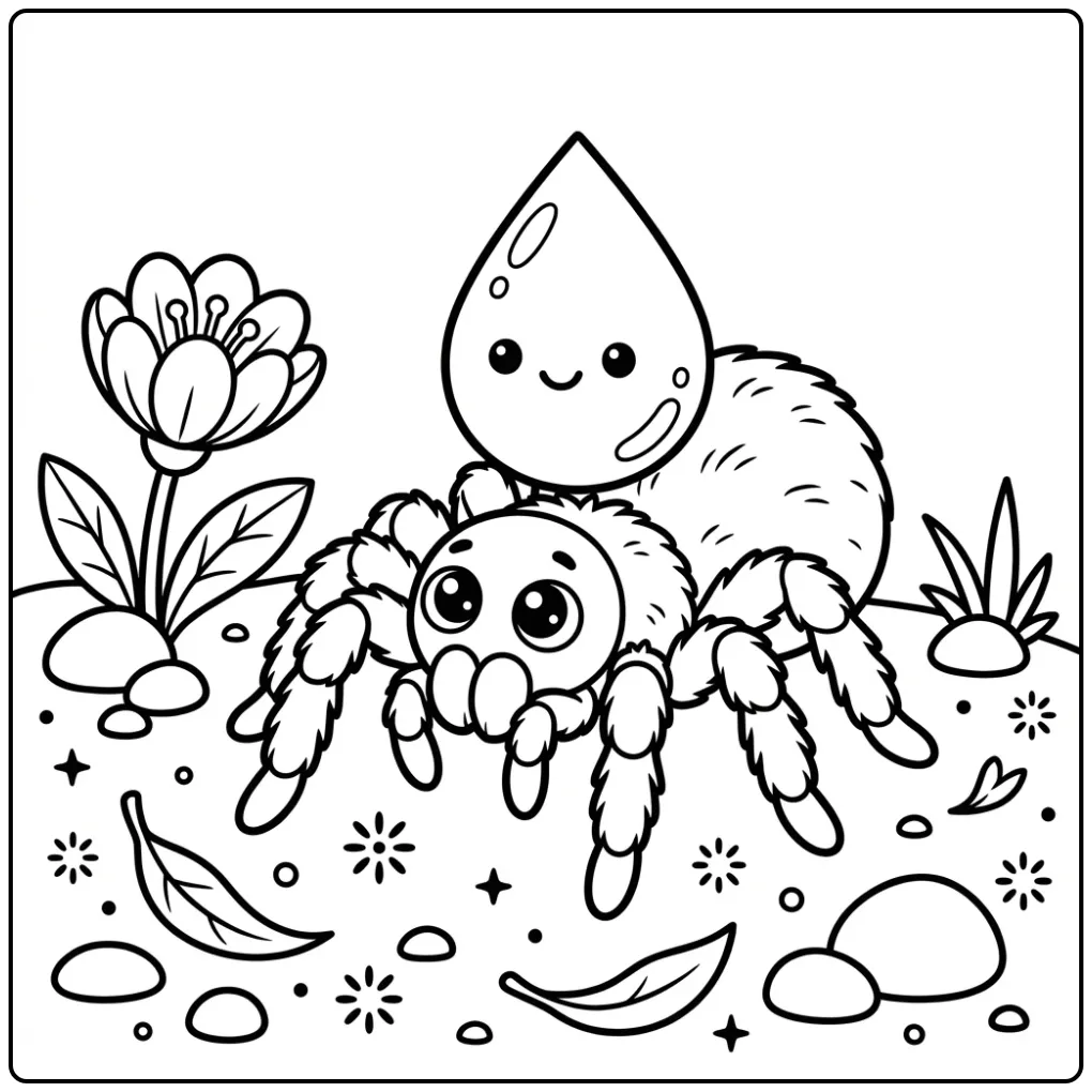 Cartoon spin kleurplaat draagt waterdruppel langs bloem.