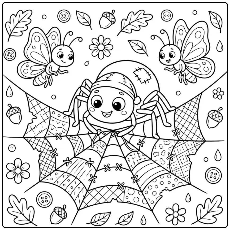 Schattige spin kleurplaat repareert web met vlinders.