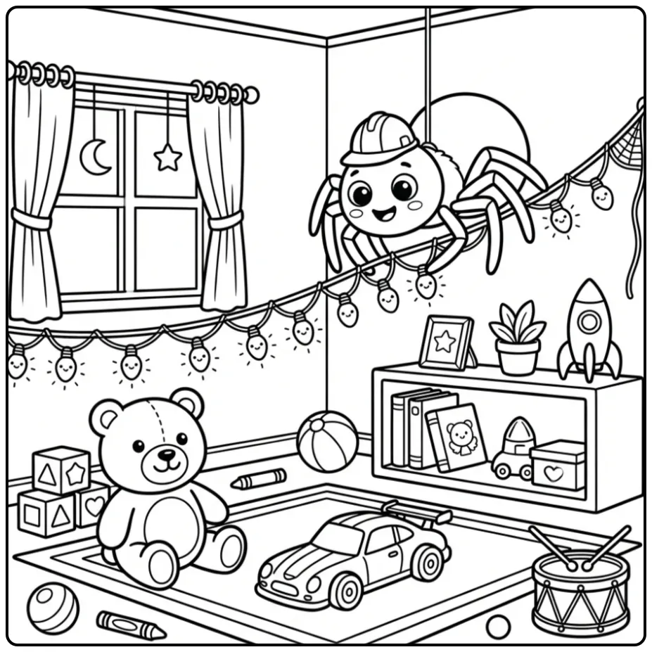 Schattige spin kleurplaat in slaapkamer met speelgoed.