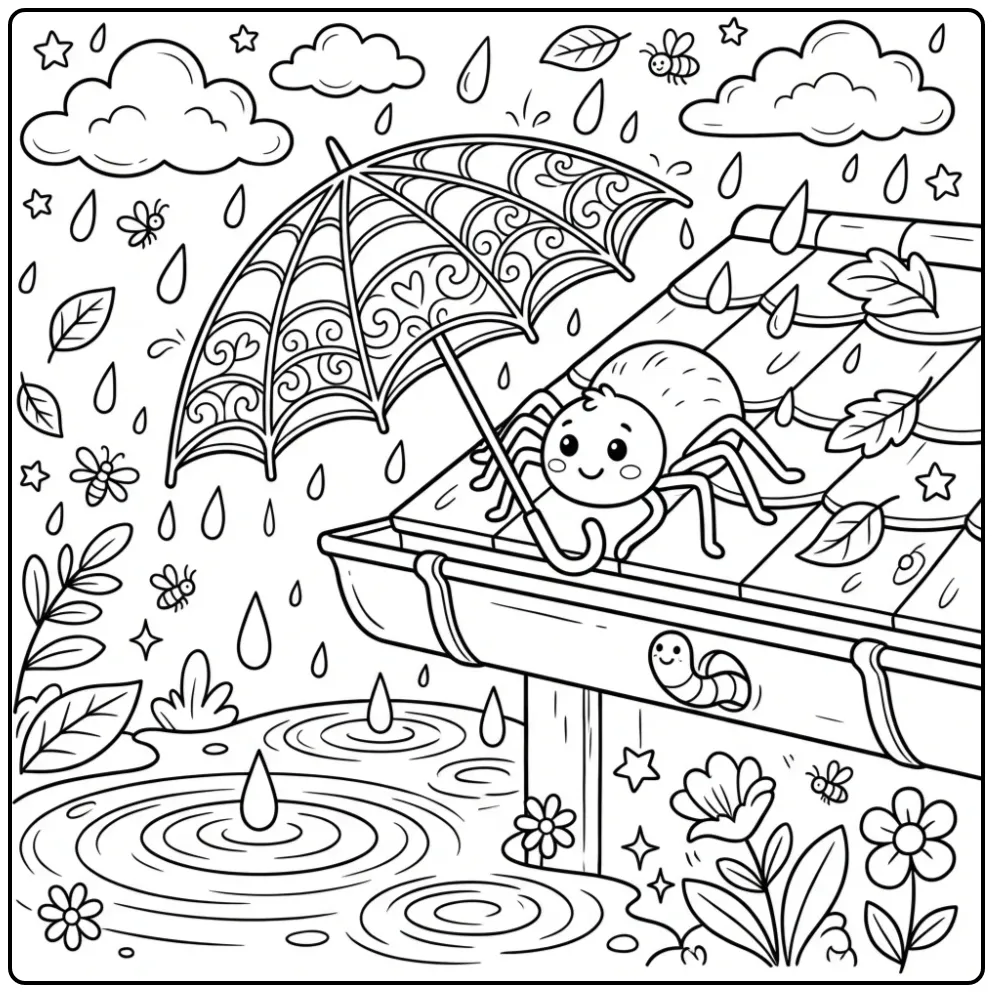 Schattige spin kleurplaat met een web paraplu in de regen.