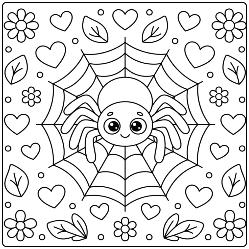 Schattige spin kleurplaat peuters met hartjes en bloemen.