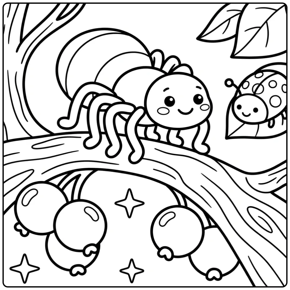 Schattige spin kleurplaat peuters op een tak met besjes.