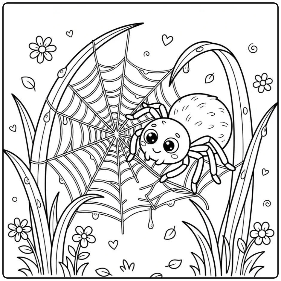 Cartoon spin kleurplaat in een web met bloemen en dauw.