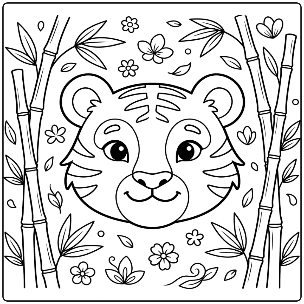 Een schattige tijger hoofd kleurplaat met bamboe en bladeren.