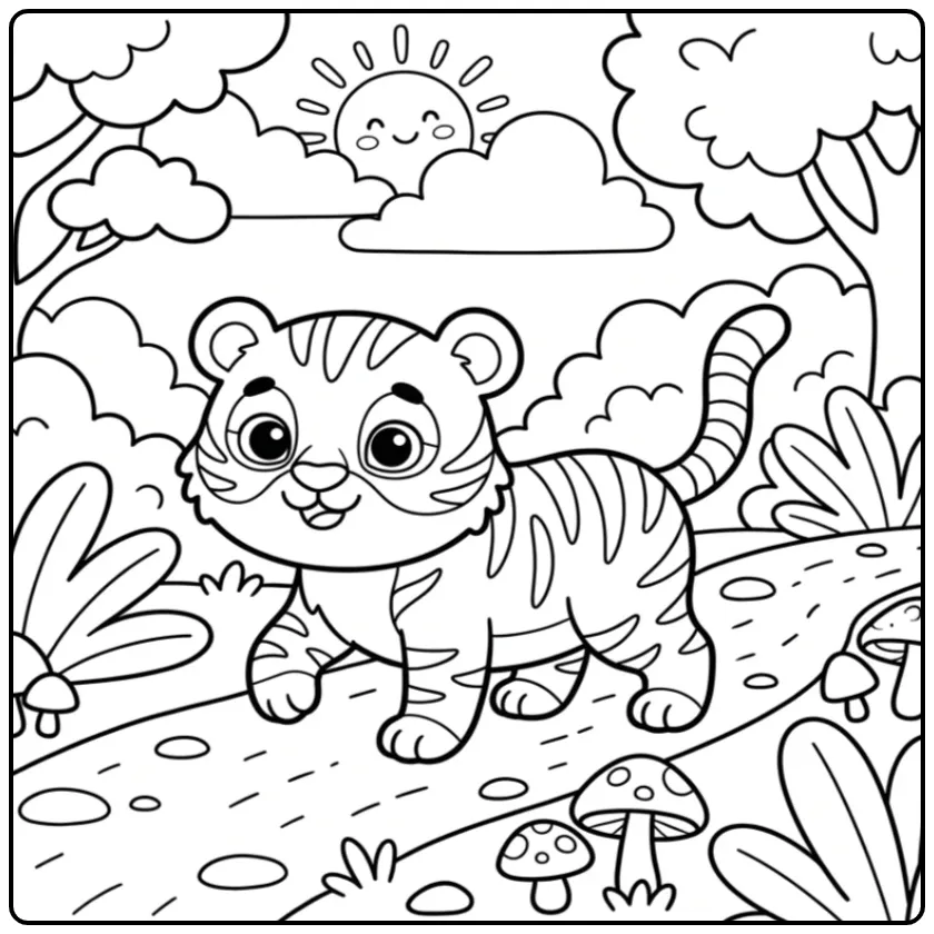 Leuke tijger kleurplaat makkelijk op een bospad met bladeren.