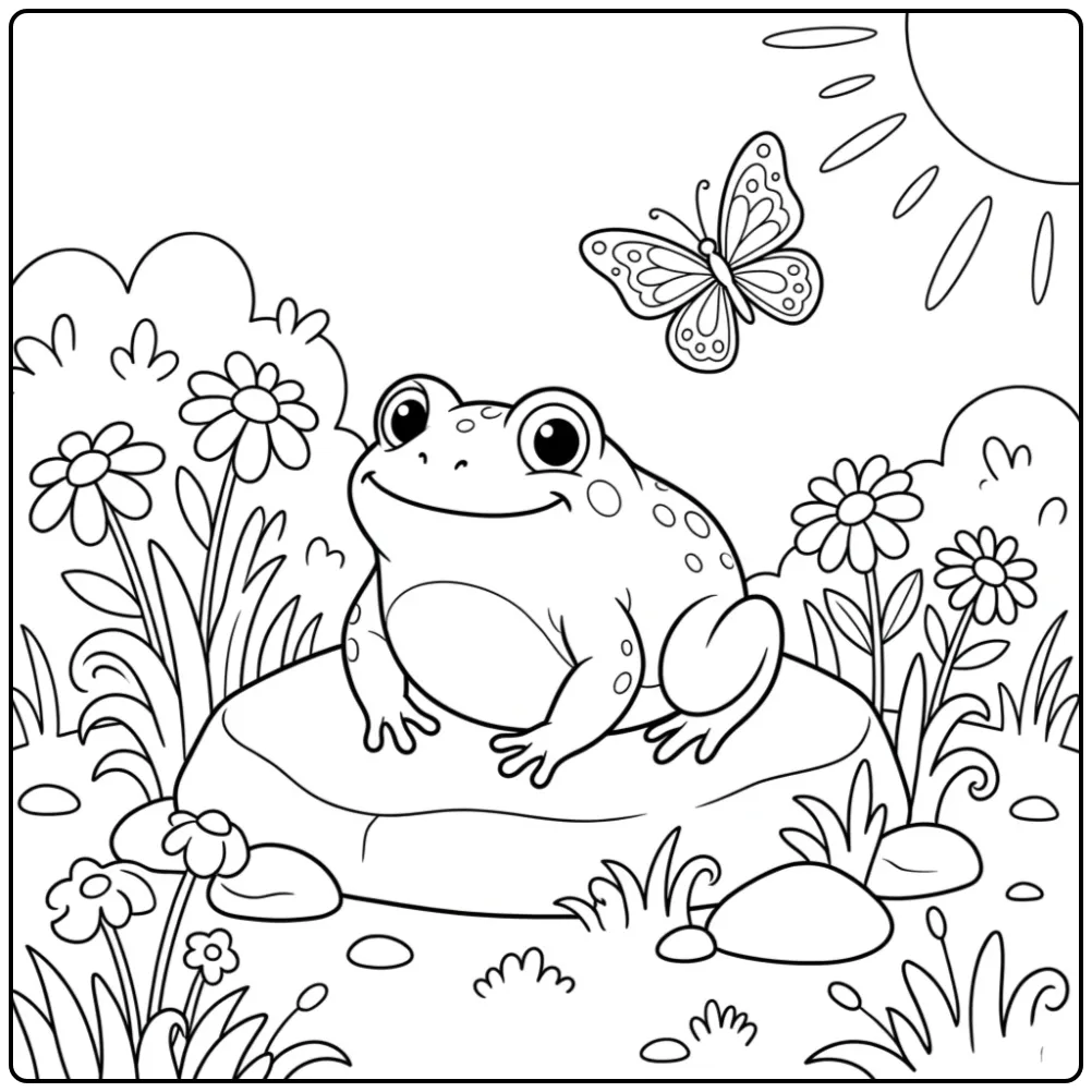 Schattige toad kleurplaat met een pad op een steen in de zon.