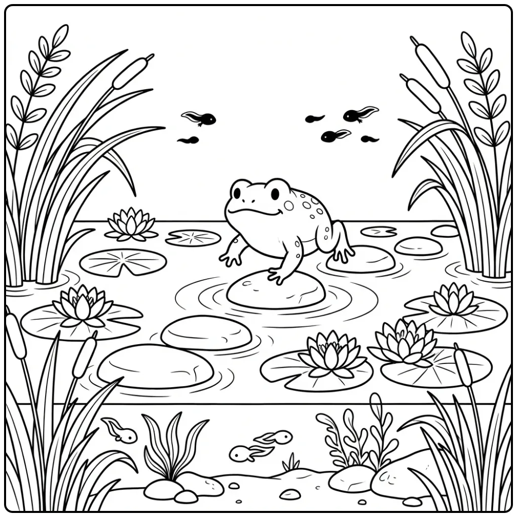 Toad kleurplaat springend over stapstenen in een vijver.