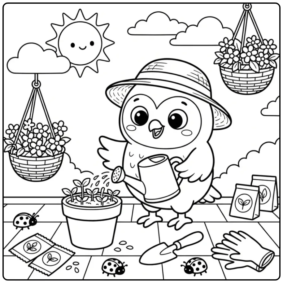 Kleurplaat uil met gieter en plantjes in de tuin.
