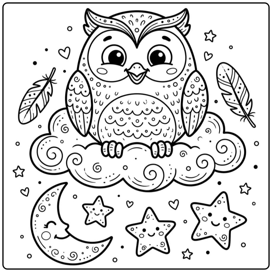 Schattige uil kleurplaat simpel op een wolk met maan.