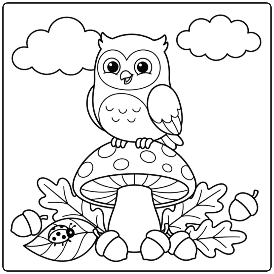 Leuke uil kleurplaat simpel zittend op een grote paddenstoel.