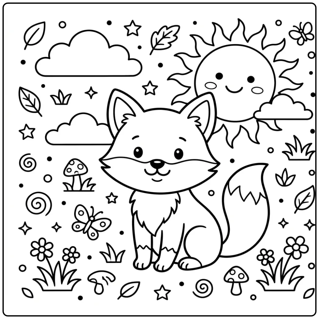 Leuke vos kleurplaat makkelijk met zon en wolkjes.