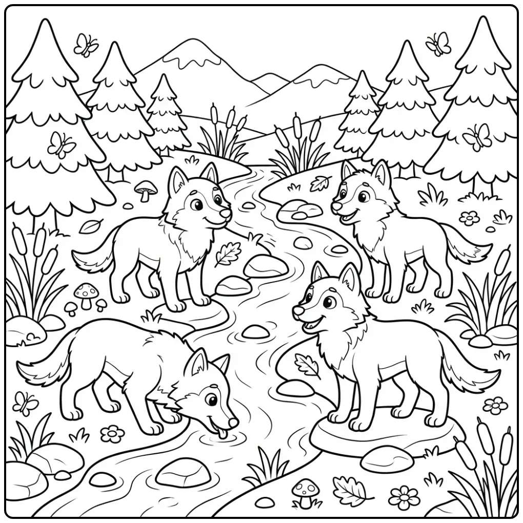 Leuke wolven kleurplaat met vijf wolven bij een beekje.