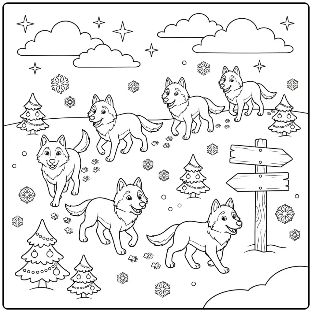 Schattige wolven kleurplaat van zes wolven in de sneeuw.