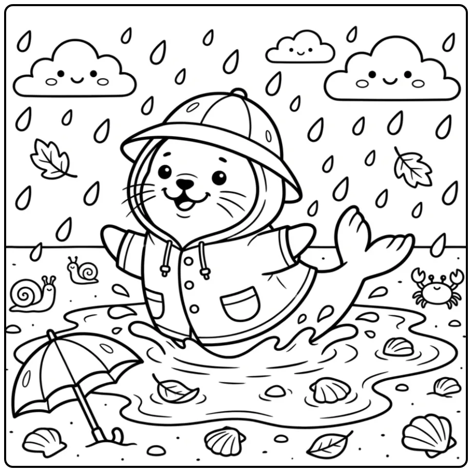 Schattige zeehond kleurplaat in regenjas spelend in de regen.