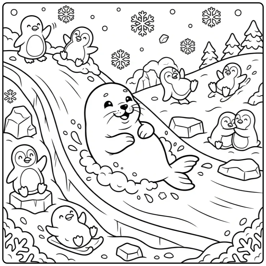 Zeehond kleurplaat glijdend van een ijshelling in de sneeuw