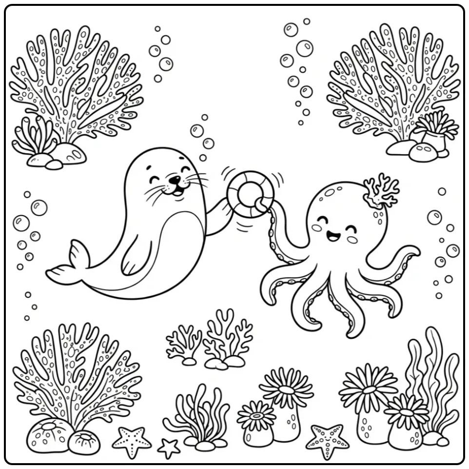 Leuke zeehond kleurplaat met een octopus die samen spelen.